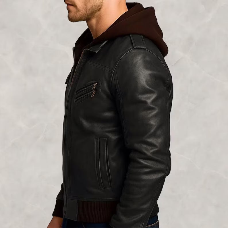 Men’s Leather Moto Bomber Jacket