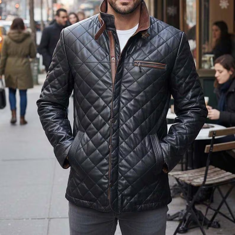 Men’s Quilted Leather Bomber Biker Jacket