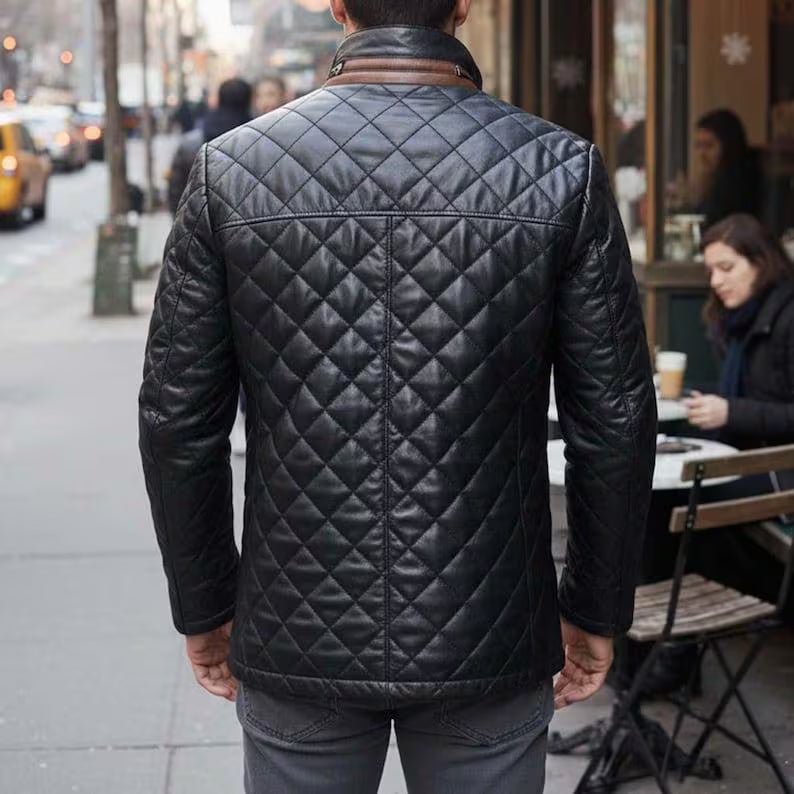 Men’s Quilted Leather Bomber Biker Jacket