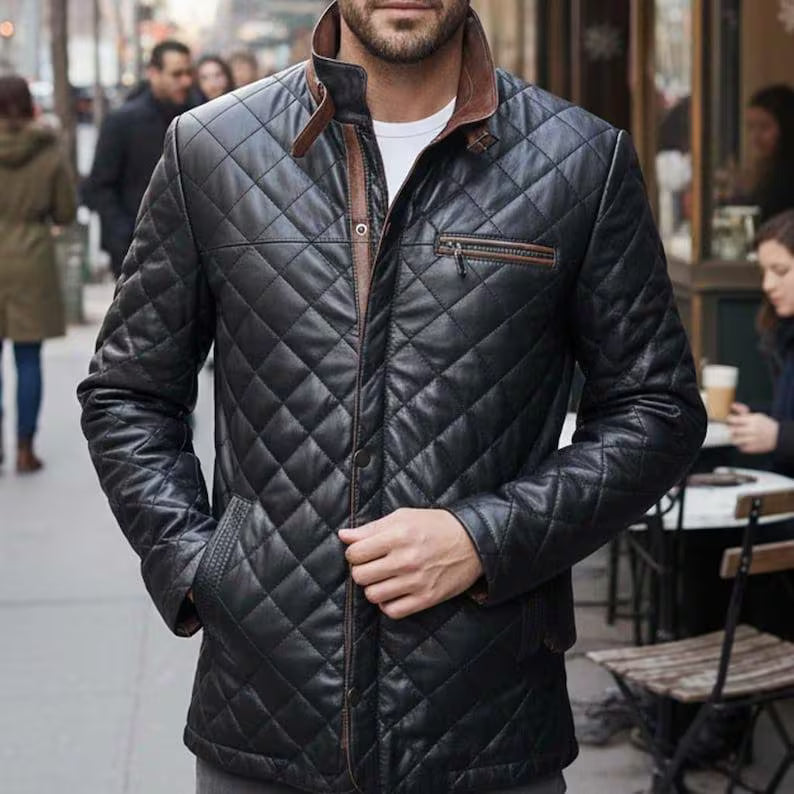Men’s Quilted Leather Bomber Biker Jacket