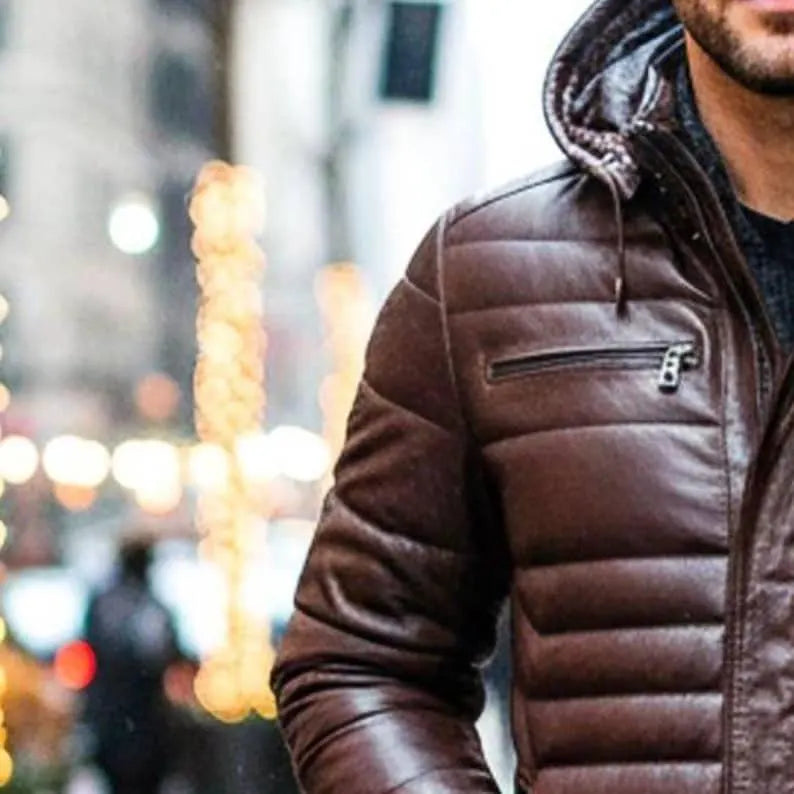 Men’s Handmade Brown Leather Puffer Jacket