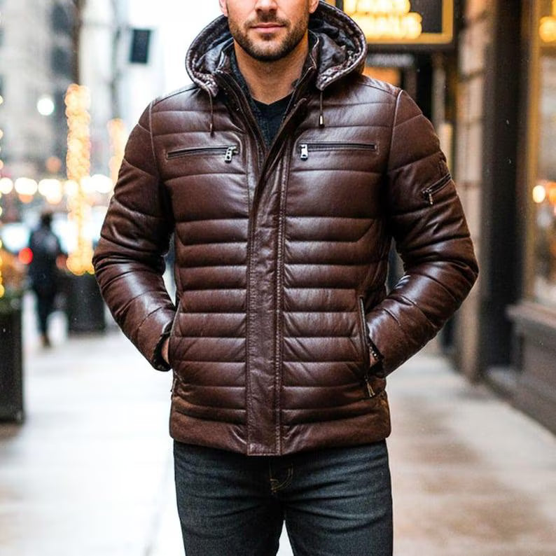 Men’s Handmade Brown Leather Puffer Jacket