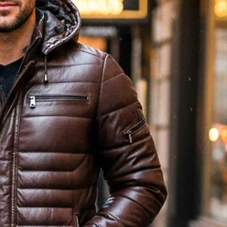 Men’s Handmade Brown Leather Puffer Jacket