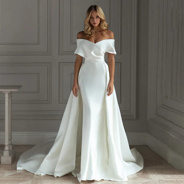 Off-Shoulder Satin Tail Wedding Dress